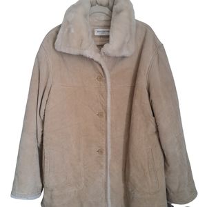 VTG JONES NEW YORK leather suede sherpa lined heavy winter coat tan beige L-XL
